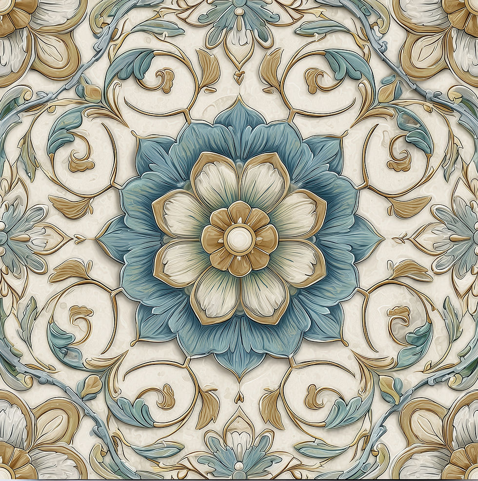 2012 French Country ceramic tile with blue cream and beige floral pattern