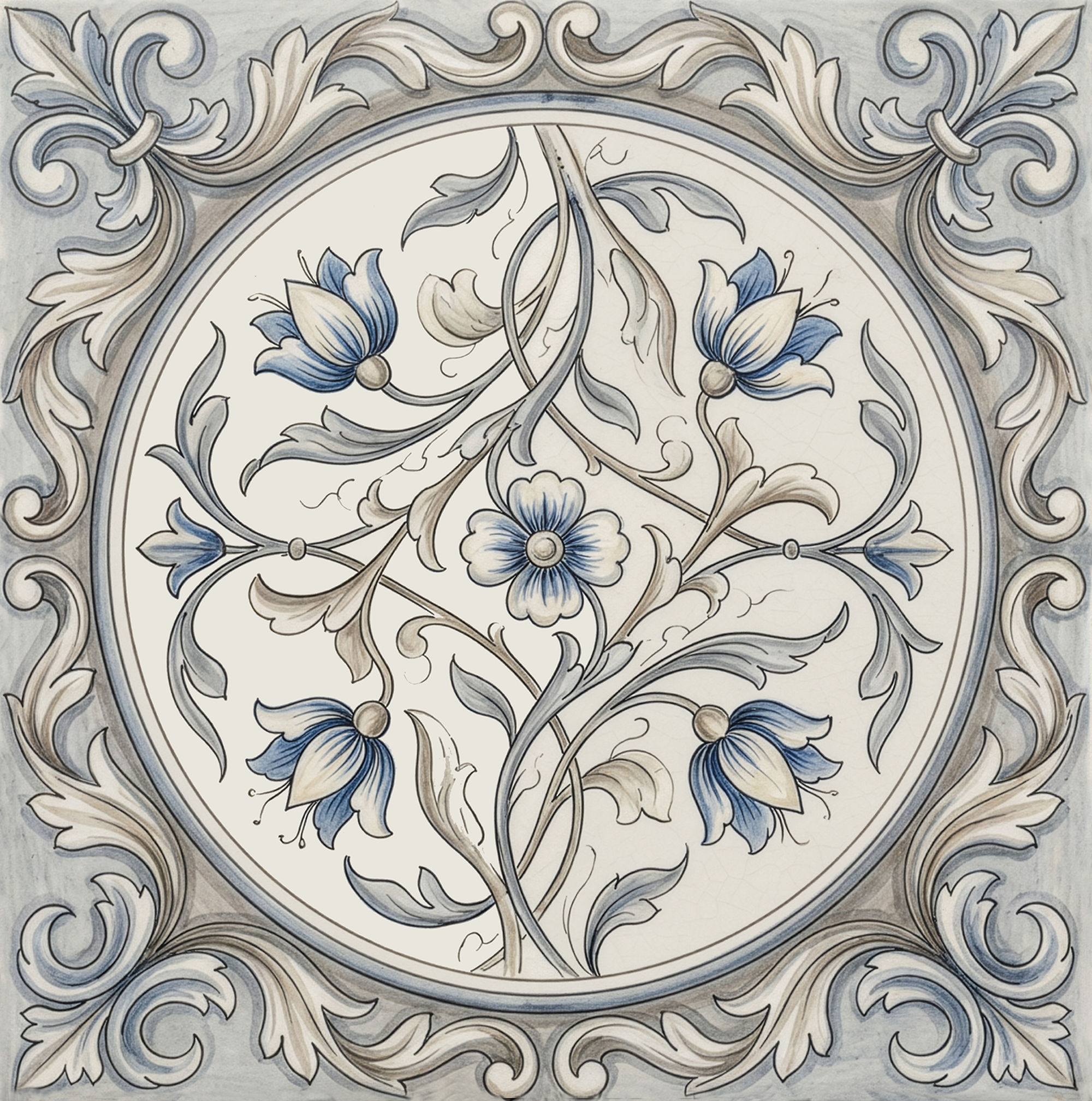 2000 Heritage Bloom vintage blue ceramic tile with floral medallion