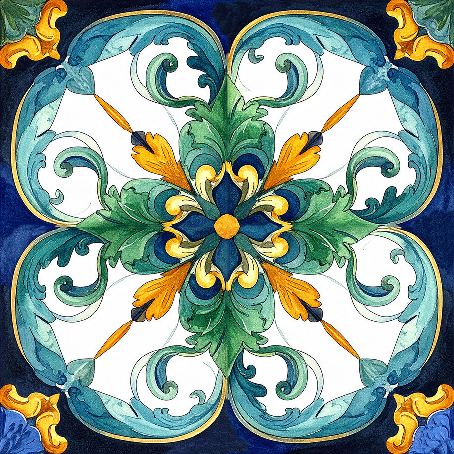 Italian Pattern Tile in Blue Gold Green mediterrean style