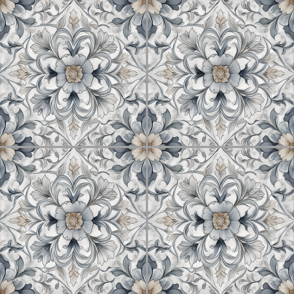 1891 - 1 Moonlit Petal Grey Blue grey floral ceramic tile with taupe and ivory flowers