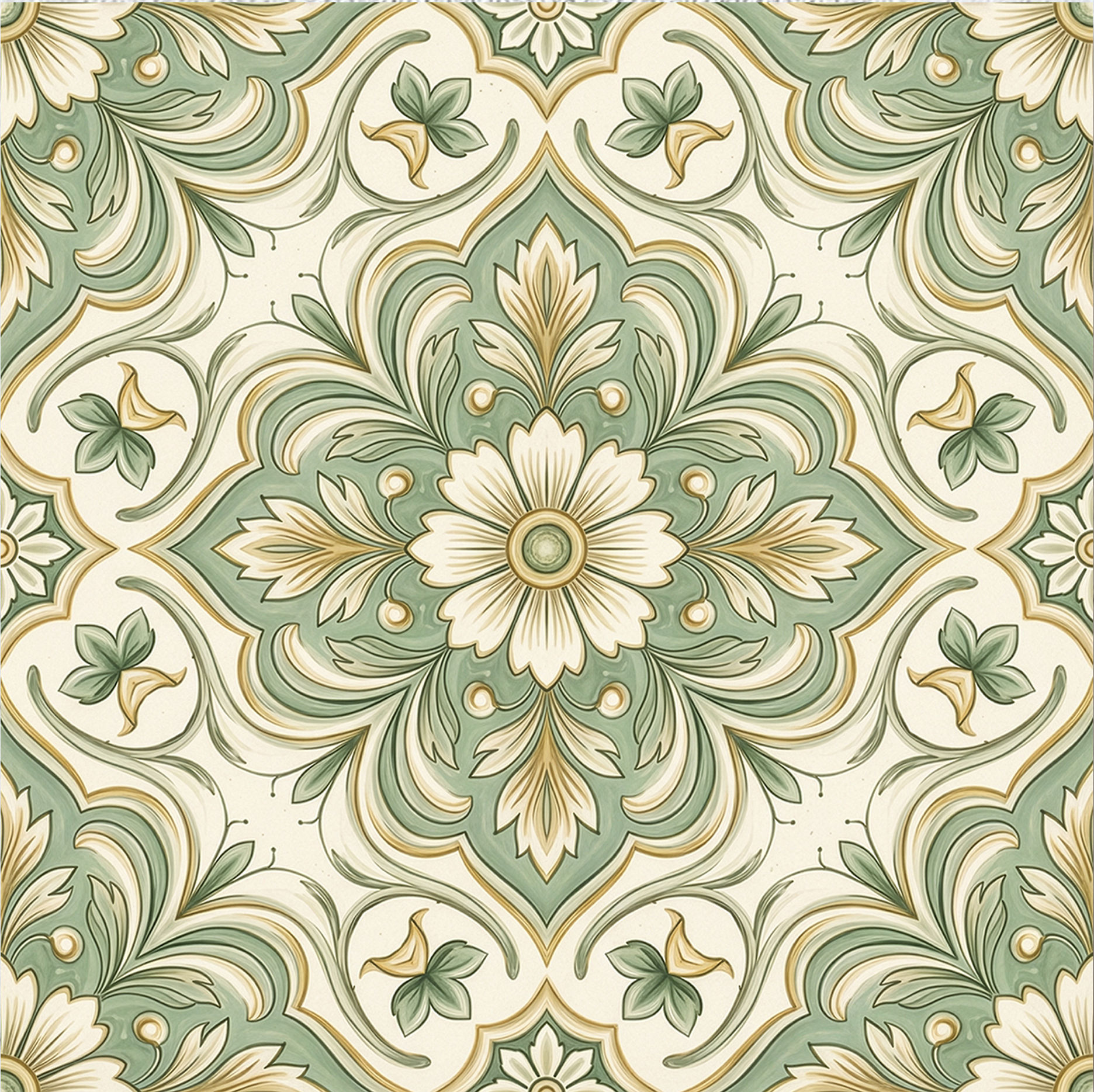 2007 Antique Sage green ceramic tile with vintage floral pattern