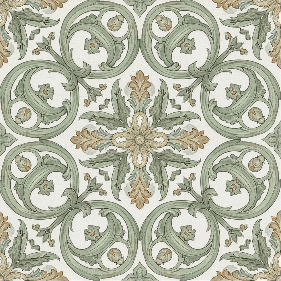 2001 Sage Leaf Scroll sage green leaf ceramic tile with botanical pattern