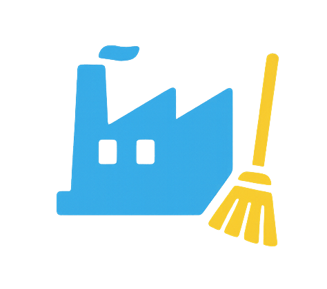 Icon of industrial building with smoke stack and broom – heavy-duty cleaning for factories and warehouses