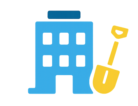 Icon of commercial building with shovel – post-construction cleanup for renovations and new builds