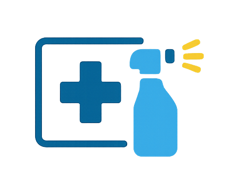 Icon of medical cross and spray bottle – hygienic cleaning for clinics and healthcare spaces