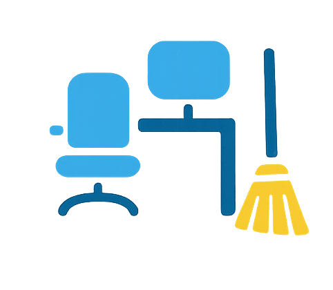 Icon showing office desk and chair with broom – professional office cleaning in Winnipeg