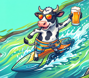KI-Illustration: Kuh mit Sonnenbrille und Bierglas surft auf einem Fluss