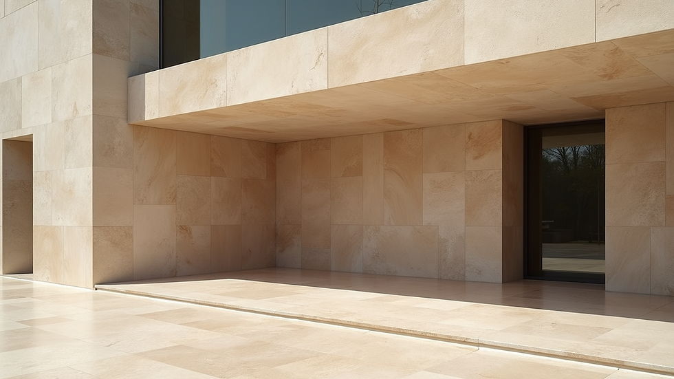 Eye-level view of contemporary building featuring travertine stone