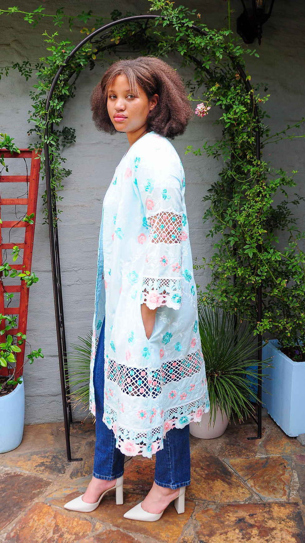 Thumbnail: Light Blue Cotton Embroidery Cardigan Full Sleeves