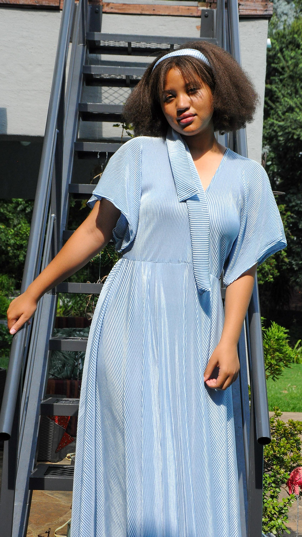 Baby Blue Pleated Maxi Dress front view