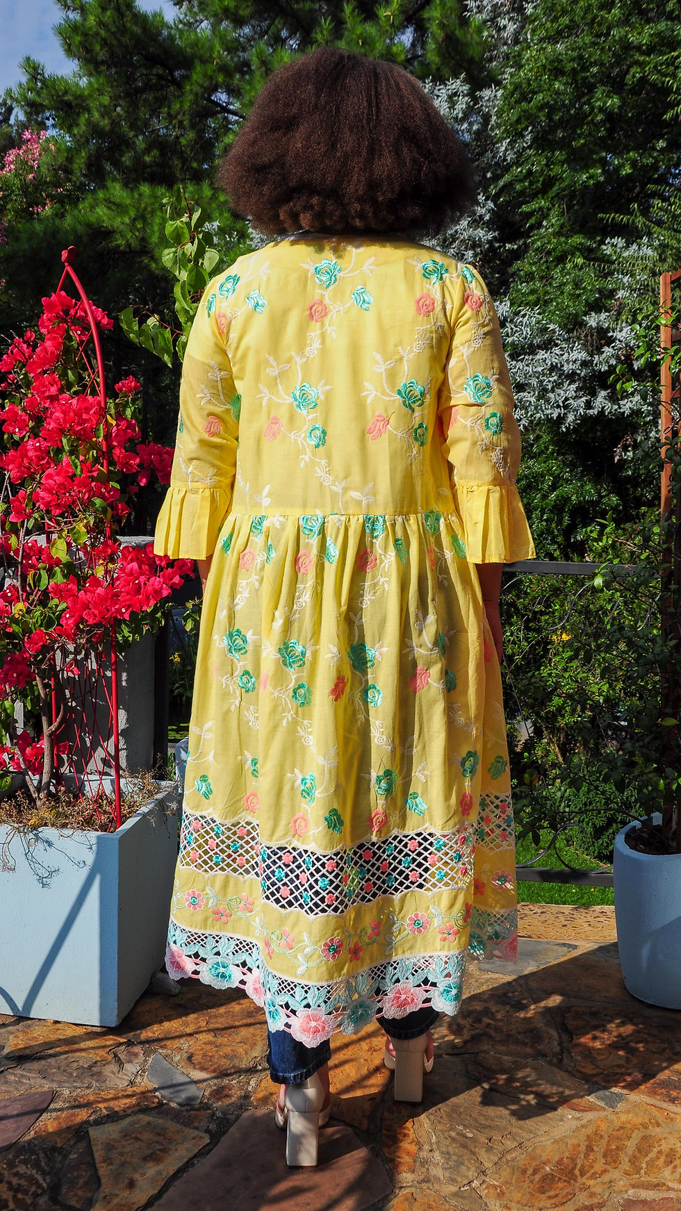 Yellow Cotton Embroidery Cardigan Bell Sleeves