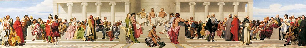 Devant un édifice d'ordre ionique, l'artiste a représenté les grands artistes de chaque grande période. Au centre, formant un tribunal, sont assis les 3 grands artistes de l'Antiquité : Apelles, Ictinus et Phidias. Assises de chaque côté sont placées 4 figures de femmes : l'art grec, l'art romain, l'art du Moyen Age et l'art de la Renaissance.