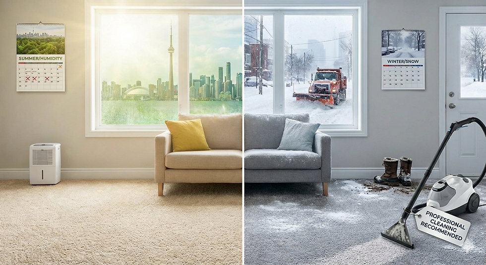 Split-season Toronto living room showing carpets affected by summer humidity and winter snow, highlighting the need for professional carpet cleaning.