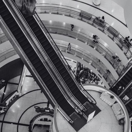 Black and white aerial view of a mall