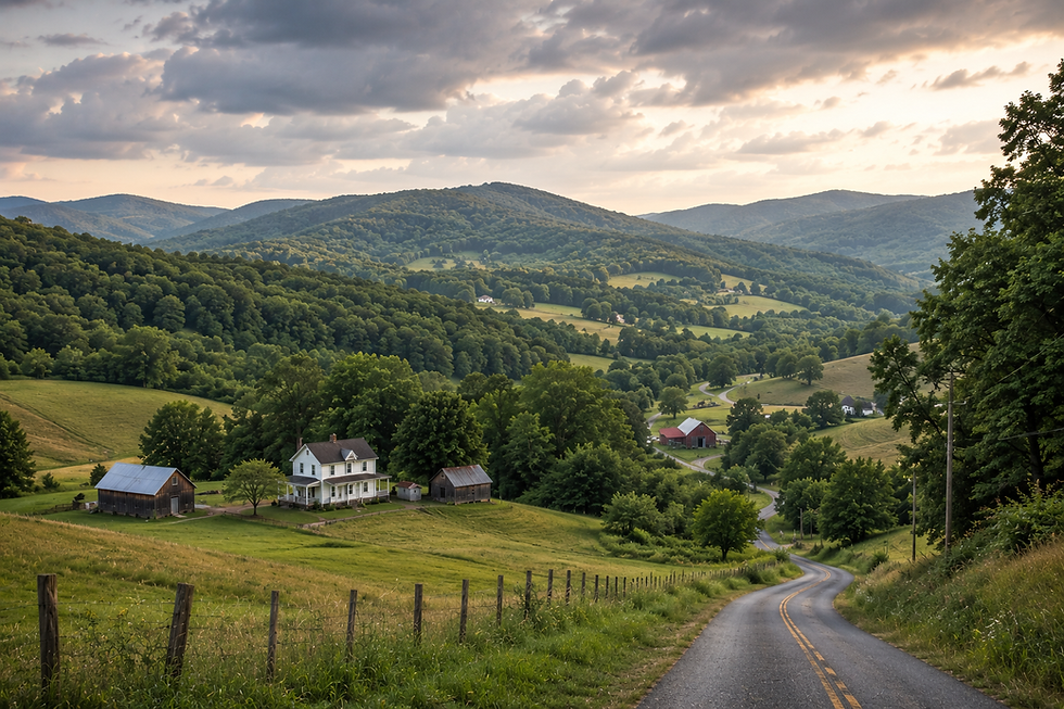 Valley with a winding road, farmhouses, and green hills.