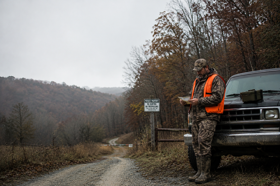 Hunter in orange vest by truck near 'private property' sign