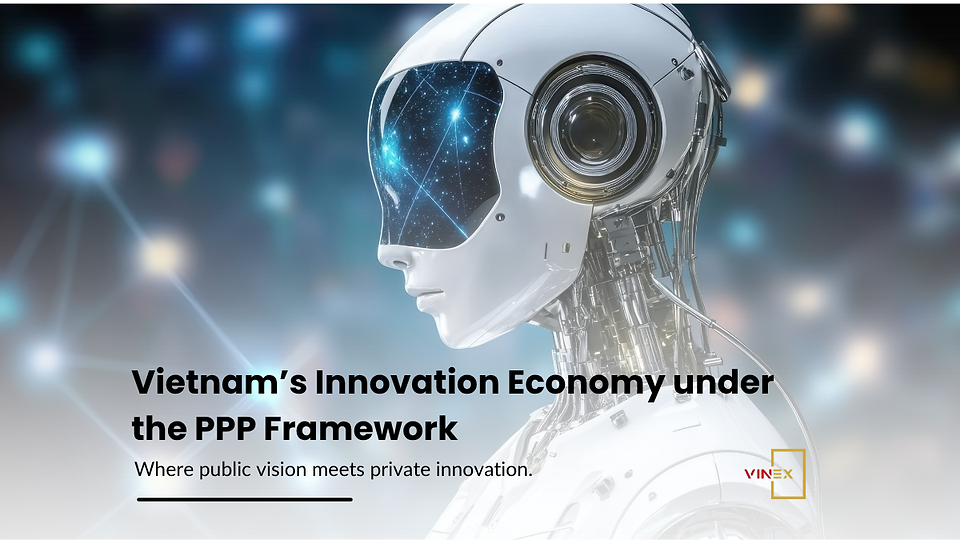 Futuristic humanoid robot representing Vietnam’s innovation economy and emerging industries under the PPP framework, highlighting cooperation between public vision and private innovation in science, technology, and digital industries.