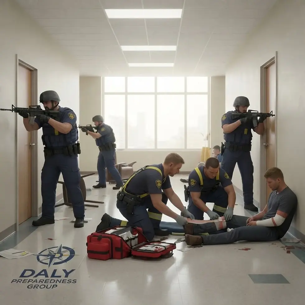 Digital illustration of tactical officers securing a hallway while paramedics provide medical aid to an injured person. The scene simulates an emergency response training.