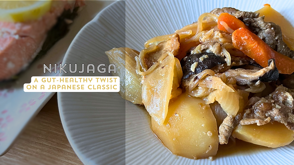 Plate of Nikujaga with meat, potatoes, carrots, and onions. Text overlay: "Nikujaga: A Gut-Healthy Twist on a Japanese Classic."