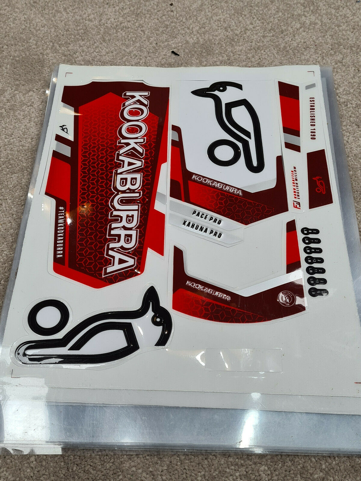 copy of *3D/EMBOSSED* KOOKABURRA KAHUNA PRO / PACE PRO RED CRICKET BAT STICKERS