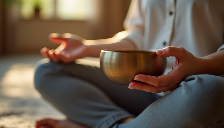 Close-up view of hands holding a small bowl used for meditation in a quiet room
