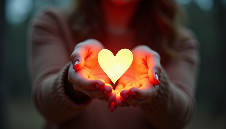 Close-up view of a person holding a glowing heart-shaped light, symbolizing emotional connection