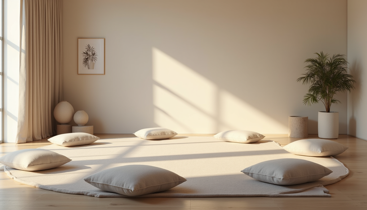 Eye-level view of a quiet meditation room with soft lighting and cushions arranged in a circle