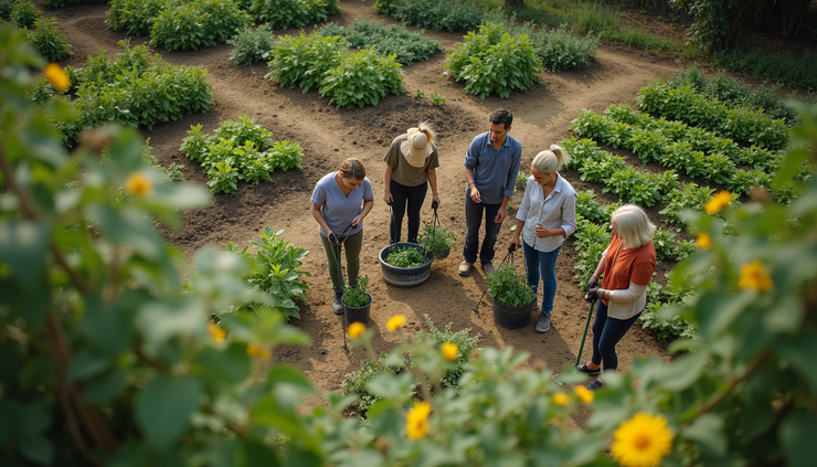High angle view of a community garden with diverse people working together
