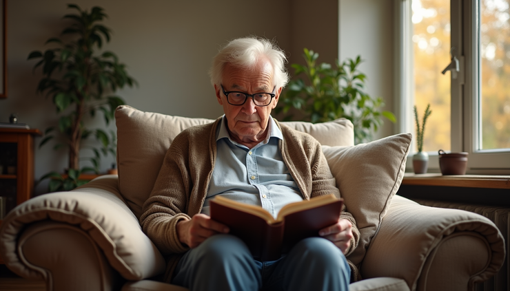 Eye-level view of an older adult reading a book in a cozy living room