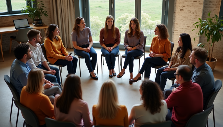 High angle view of a circle of diverse people sitting on the floor in a group discussion