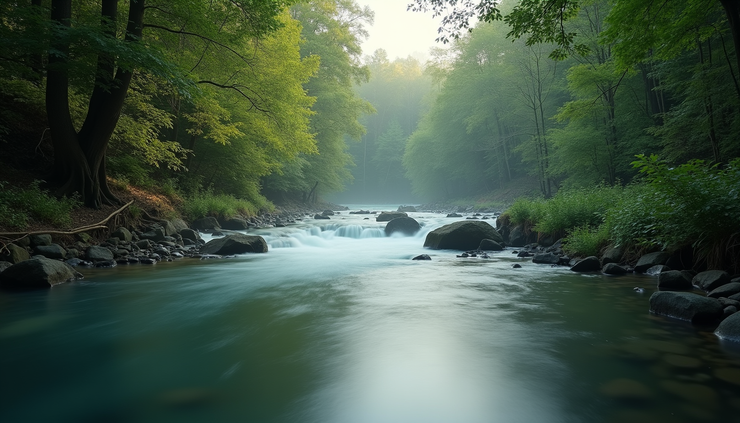 Eye-level view of a calm river flowing through a forest, symbolizing natural regulation and flow