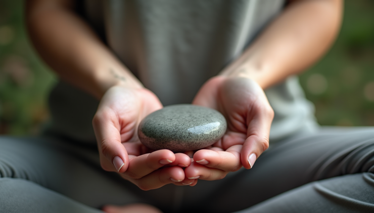 Close-up view of a hand holding a smooth stone during meditation, symbolizing grounding and calm
