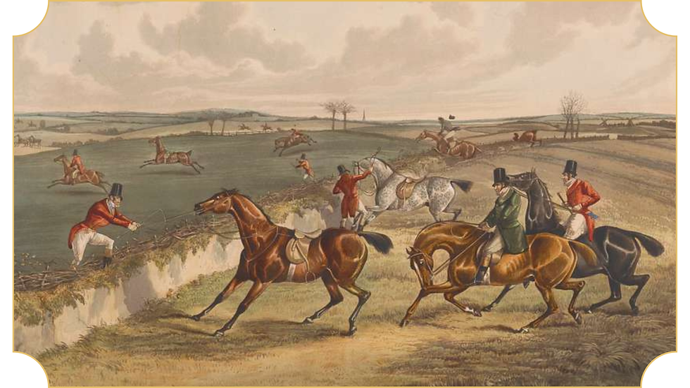 An artistic image of a hunt scene and horses refusing to jump up the bank.