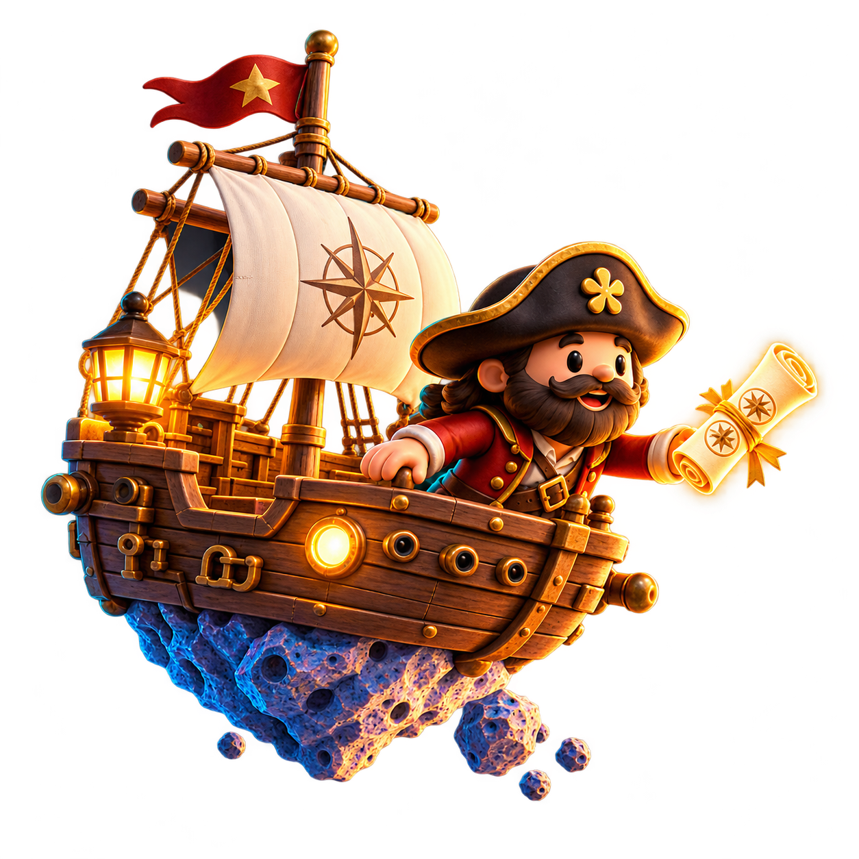Pirate explorer offering a map from a miniature adventure ship