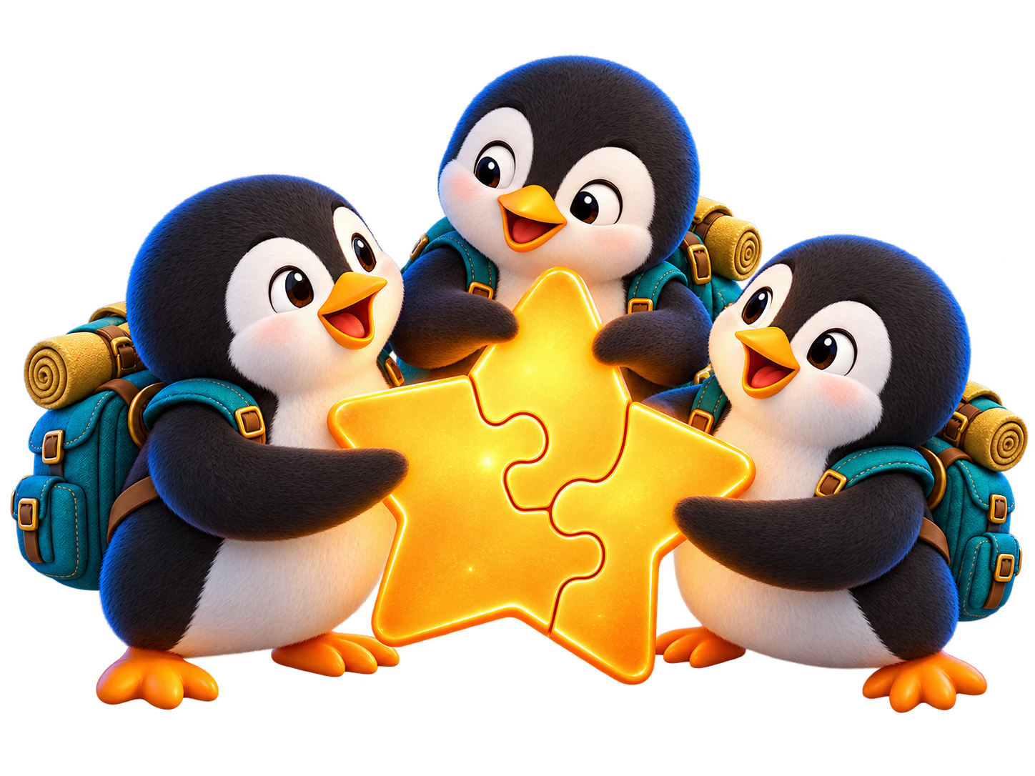 Three penguin explorers combining pieces of a shared star puzzle