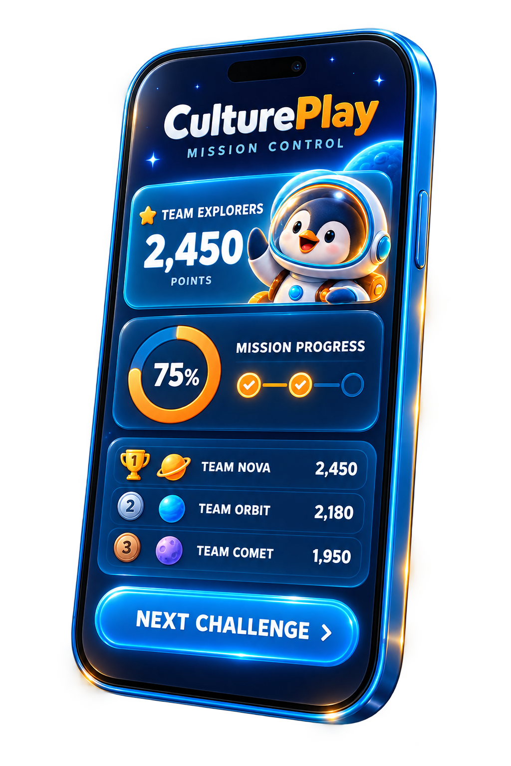 Illustrative CulturePlay phone dashboard showing missions, points and team progress