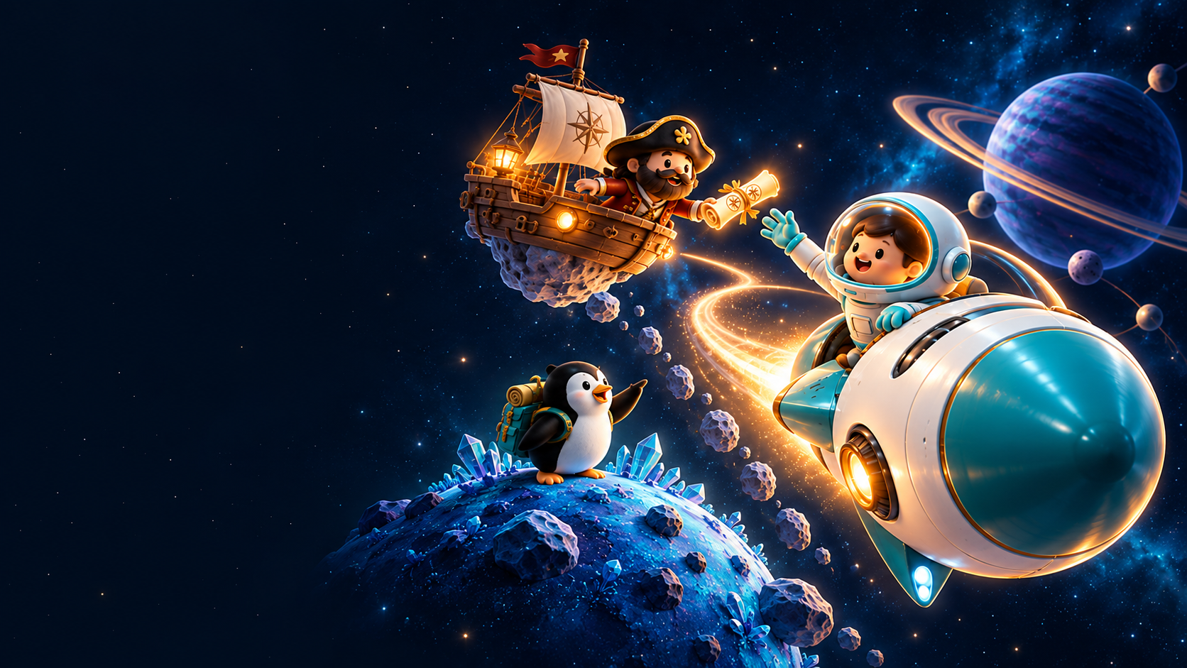 Astronaut, pirate and penguin explorers working together on a shared space adventure
