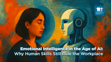 A painting shows a human and robot face-to-face with closed eyes, set against a colorful blue and orange abstract background. MindTRAC Consulting. Best Training Provider in Malaysia 2025