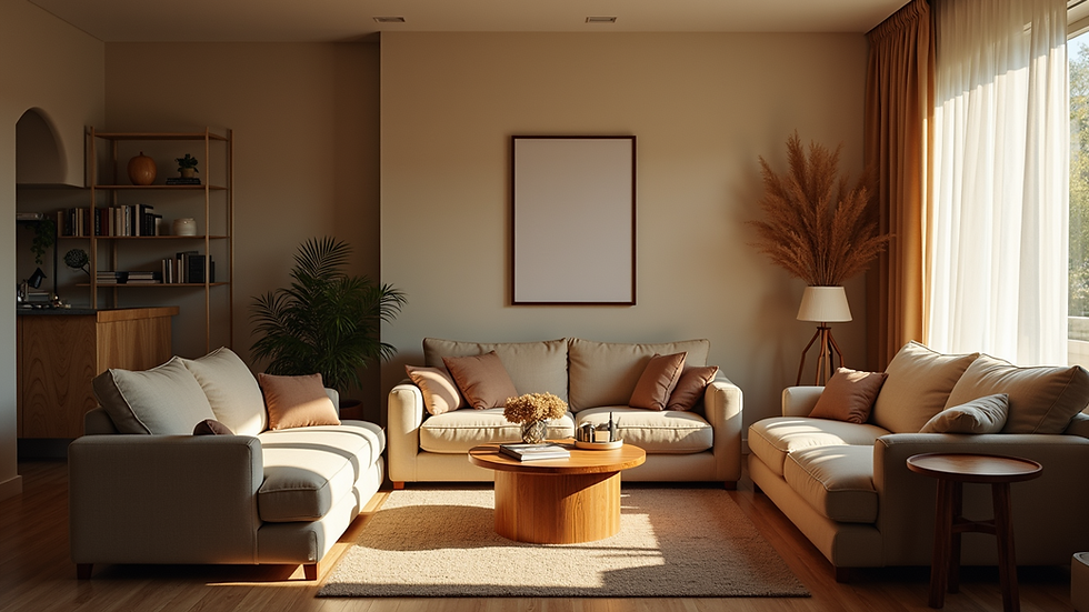 Eye-level view of a cozy living room in a short-term rental property
