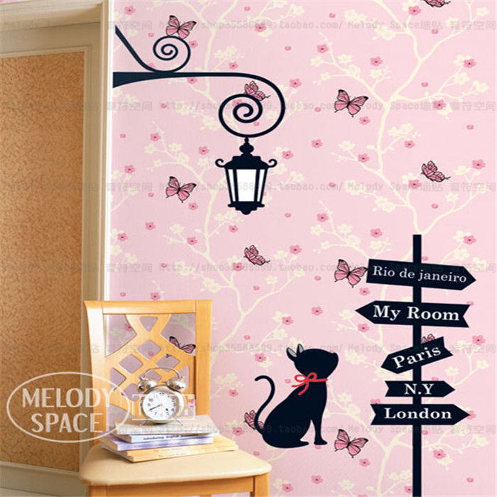 Pvc-Cross-Road-orientación-de-dibujos-animados-del-gato-negro-tatuajes-de-pared-decoración-de-la