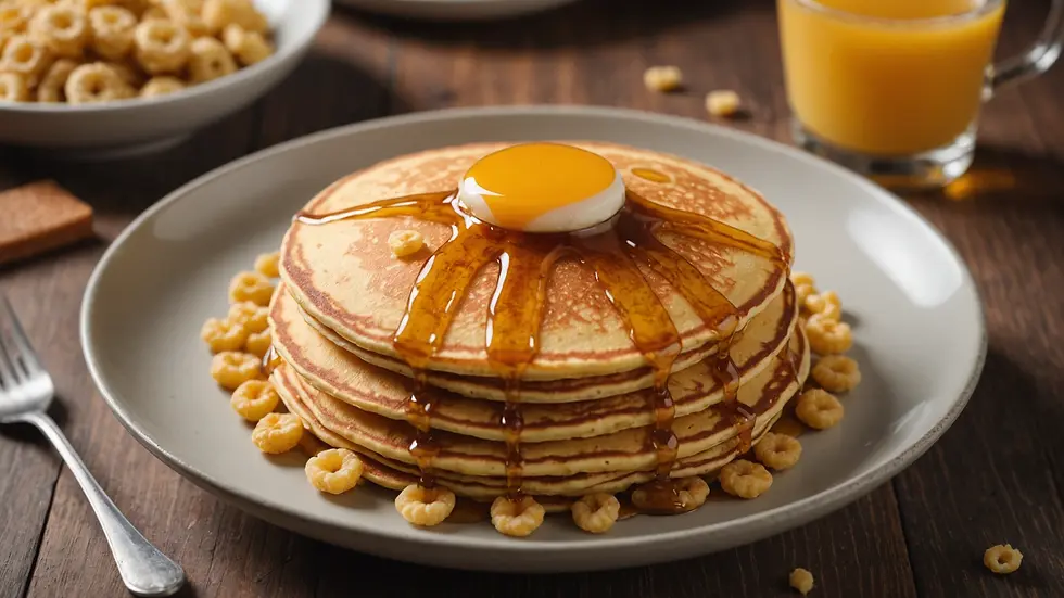 Eye-level view of a bowl of pancake cereal with syrup