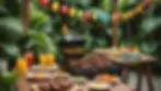Eye-level view of a tropical BBQ setting with vibrant decorations
