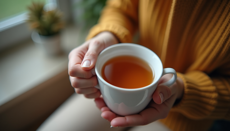 Vista a nivel de ojo de una mano sosteniendo una taza de té caliente, símbolo de calma y autocuidado durante momentos de ansiedad