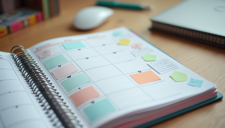 Vista a nivel de ojo de un planner semanal abierto con notas y colores organizados