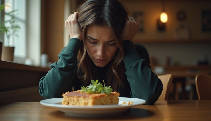 Vista a nivel de ojo de una persona sentada en silencio con un plato de comida frente a ella