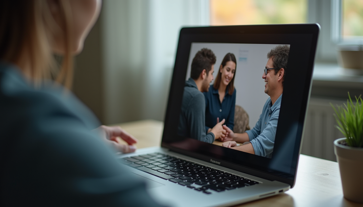 Vista de cerca de una computadora portátil con una sesión de tanatología virtual en pantalla