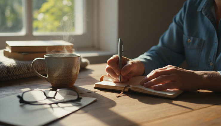 Close-up of hands holding a small notebook beside a cup of tea