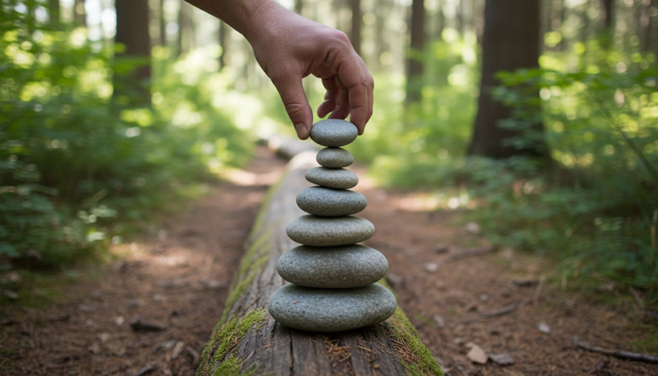 Plano cenital de una persona colocando una piedra pequeña sobre una pila en un sendero