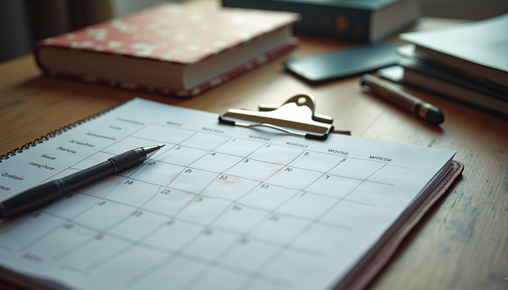 Vista aérea de escritorio con materiales de estudio organizados y calendario digital
