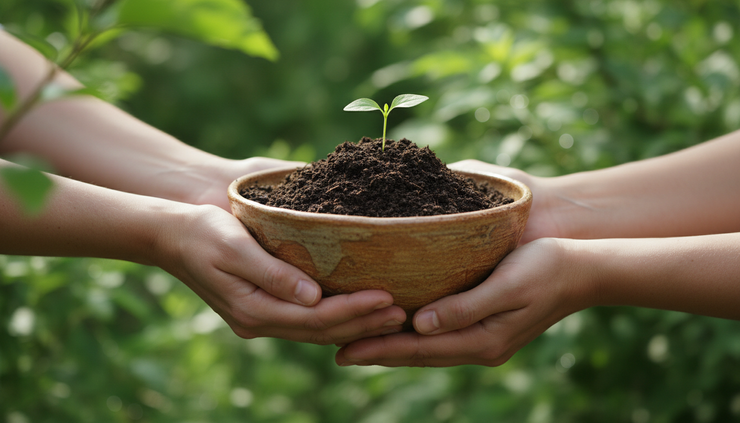 Close-up of hands holding a small bowl of soil with a young plant